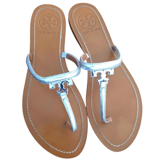 Tory Burch Silver Metallic Leather Strap T Logo Thong 7.5 - Picture 7 of 16